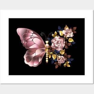 Flower Butterfly with Pink Gold Roses Posters and Art